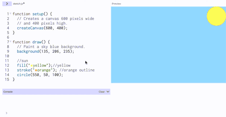 After coloring a circle yellow using fill(“yellow”), a user coding in the p5.js Web Editor clicks on the yellow square that appears next to the HTML color “yellow”. This reveals the color tool which is used to select a red color. The user then clicks the code editor causing the color of the circle to change from yellow to red.